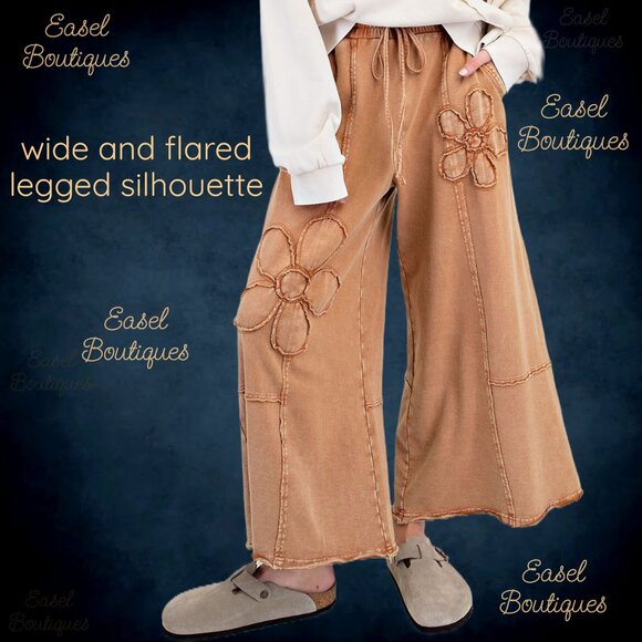 EASEL “Flower Power” Mineral Wash Pants Wide Leg Cozy Relax Fit Raw Seams, Hems - Picture 12 of 14